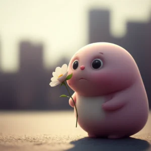 Pure-and-innocent-character-with-wide-eyes,-holding-a-flower,-against-a-softly-blurred-background-showing-a-distant-city,-symbolizing-the-complex-meaning-of-'naive'.