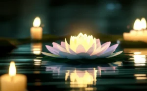 A-glowing-lotus-flower-and-fading-candlelight-symbolizing-'Hoegwangbanjo'.