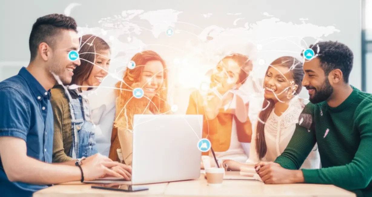 A-cute-3D-illustration-showing-people-from-various-cultures-communicating,-with-online-learning-tools-like-a-laptop-and-smartphone-in-the-foreground,-representing-global-connection-and-the-importance-of-online-English.