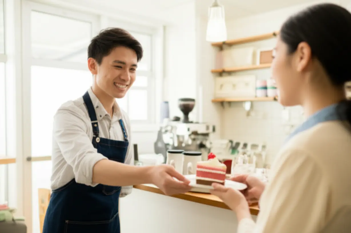 Cheerful-barista-offering-a-free-slice-of-cake-to-a-surprised-customer-in-a-cozy-cafe.