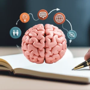 A-3D-illustration-of-a-brain-and-global-icons,-symbolizing-essay-writing-on-contemporary-topics.