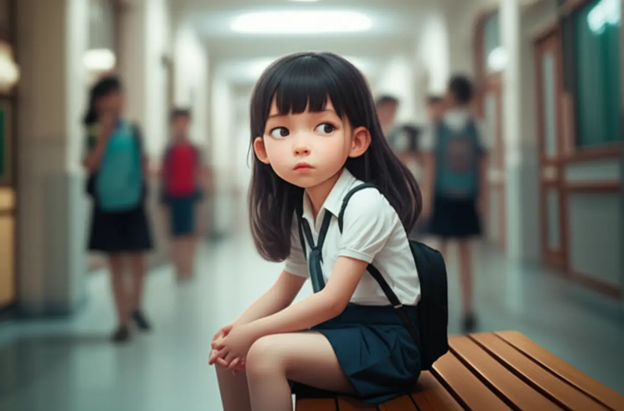 복도에-앉아-사색에-잠긴-중학생-소녀의-3D-이미지