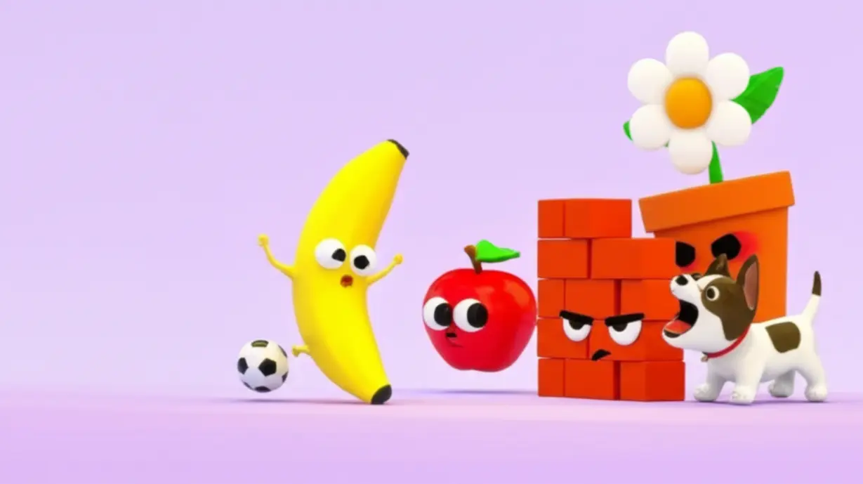 Funny-cartoon-objects,-including-a-kicking-banana,-a-surprised-apple,-and-an-angry-flowerpot,-illustrating-the-first-set-of-dad-jokes.