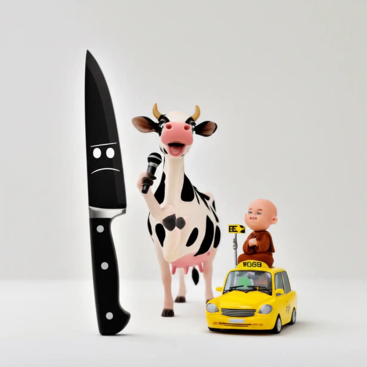 A-collection-of-whimsical-cartoon-objects-and-characters,-including-a-serious-knife-and-a-singing-cow,-illustrating-the-second-set-of-dad-jokes.
