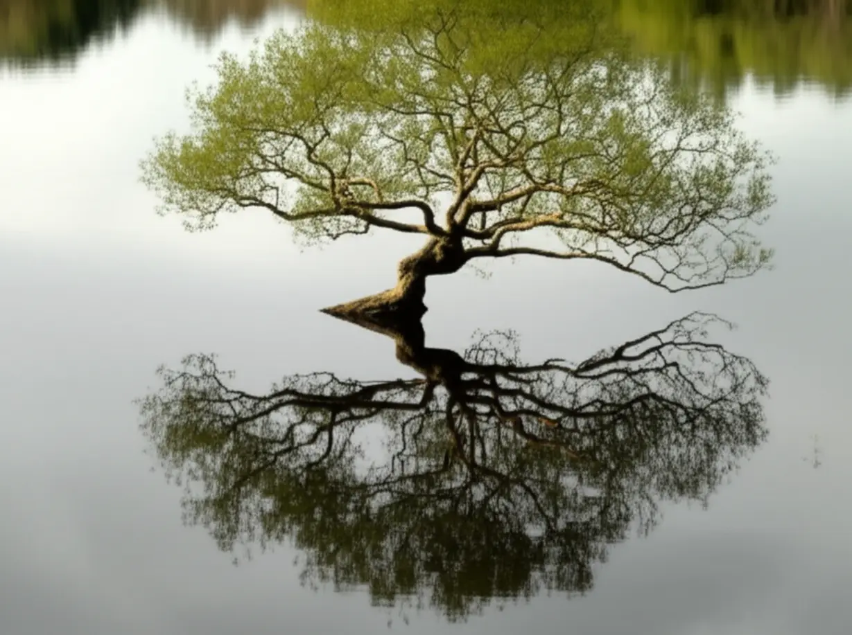 A-serene-3D-image-of-a-tree-reflected-in-water,-representing-one
