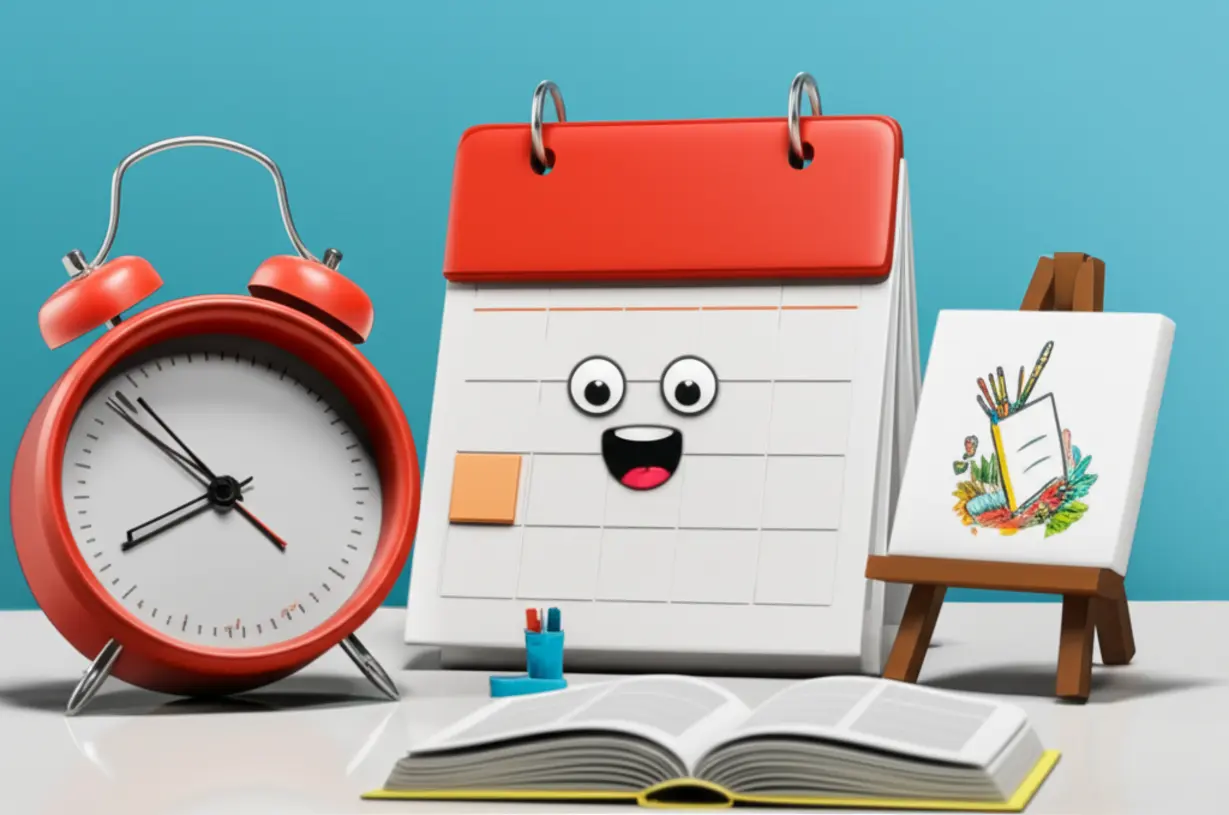 A-3D-image-of-a-calendar-and-art-supplies,-symbolizing-the-validity-period-of-an-art-therapy-certificate.