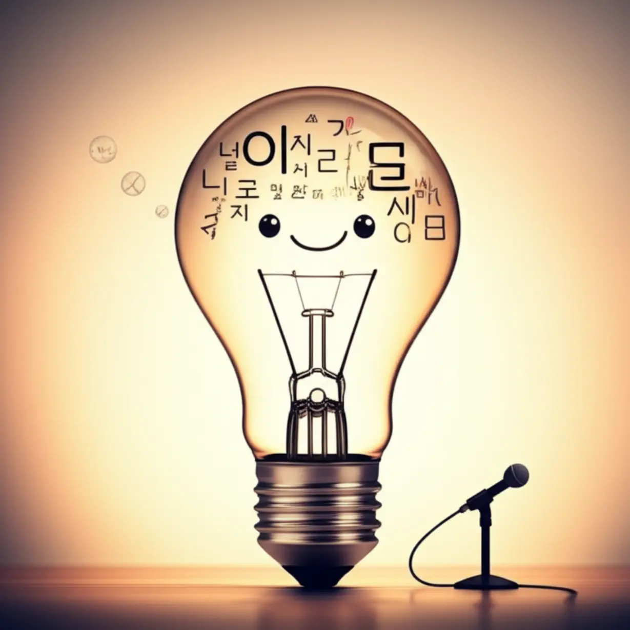 A-smiling,-anthropomorphic-light-bulb-on-a-stage,-with-a-thought-bubble-showing-Korean-wordplay,-representing-the-concept-of-understanding-dad-jokes.