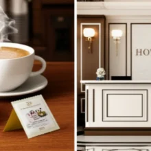 Friendly-cafe-counter-with-a-free-pastry-and-an-elegant-hotel-desk-with-complimentary-amenities.