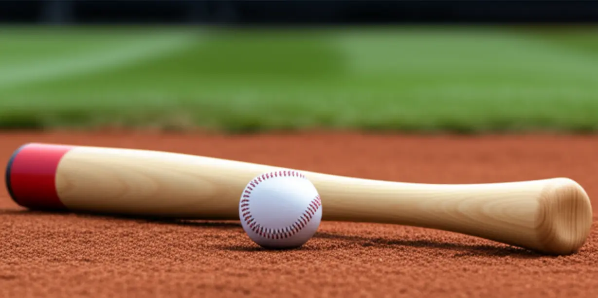 Cute-3D-illustration-of-a-lightweight-baseball-fungo-bat-next-to-a-baseball,-with-a-blurred-baseball-field-in-the-background.