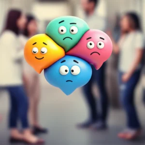 A-colorful-3D-speech-bubble-showing-various-expressions,-symbolizing-the-complex-meanings-of-'Good-for-you'-in-conversation.