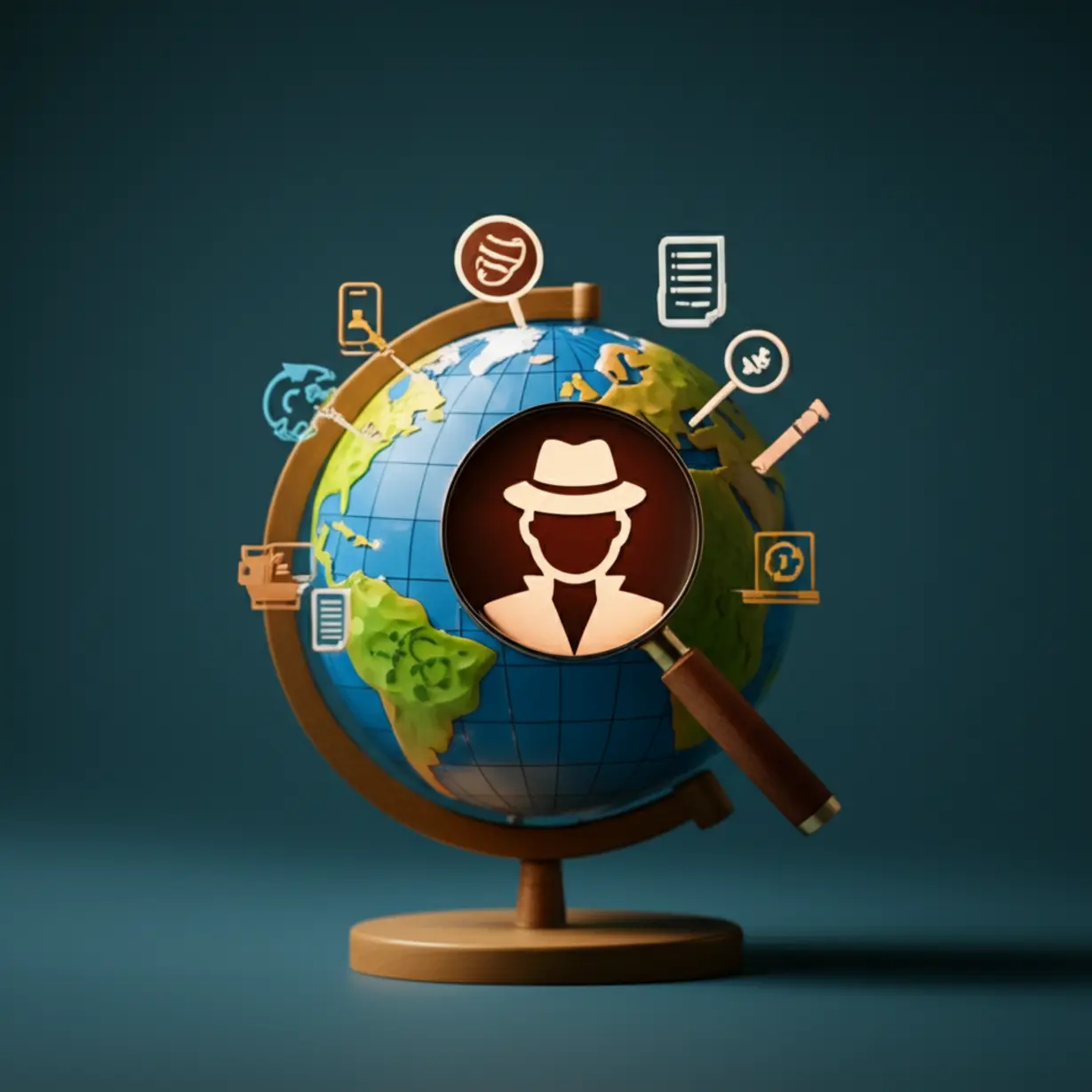 A-3D-rendering-of-a-globe-surrounded-by-job-icons,-with-a-magnifying-glass-icon-highlighted,-symbolizing-accessible-career-paths-in-private-investigation.