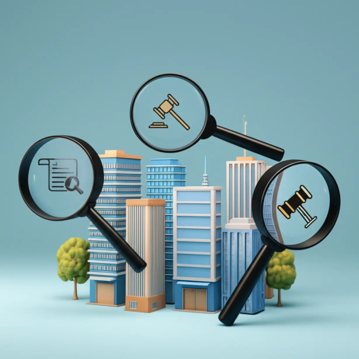 A-3D-cityscape-with-magnifying-glasses,-symbolizing-real-estate-rights-analysis-and-career-prospects.