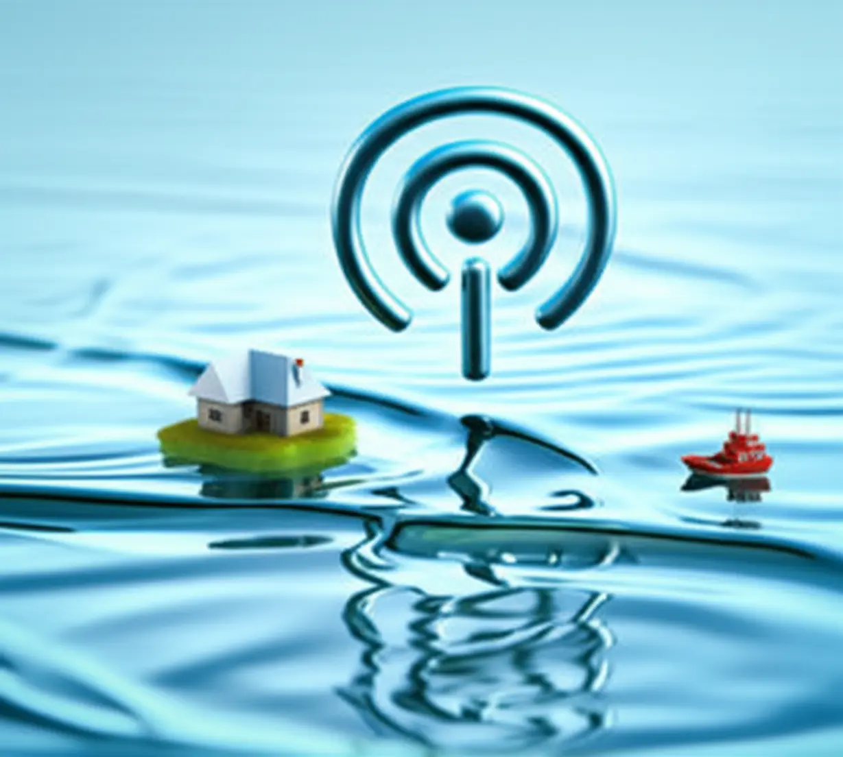 A-3D-illustration-of-a-radio-signal-connecting-a-ship-and-a-building,-representing-the-scope-of-restricted-radiotelephone-operations.