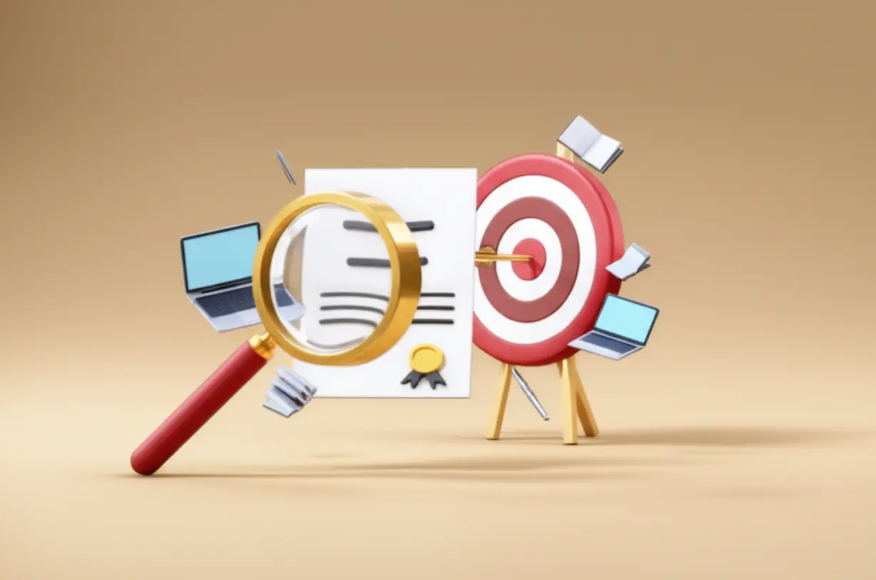 A-cute-3D-magnifying-glass-over-a-certificate-and-an-arrow-hitting-a-target,-representing-program-verification-and-goal-alignment.