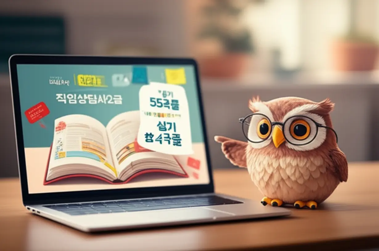 A-charming-3D-illustration-of-a-study-area-with-an-open-book,-laptop,-and-an-owl-character-pointing-at-exam-pass-rates-for-the-Vocational-Counselor-Level-2-qualification.