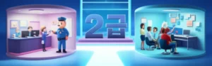 A-cheerful-3D-illustration-showing-a-public-service-office-and-a-vocational-counseling-center-connected-by-a-path,-with-a-Level-2-certificate-in-the-background,-symbolizing-career-opportunities.