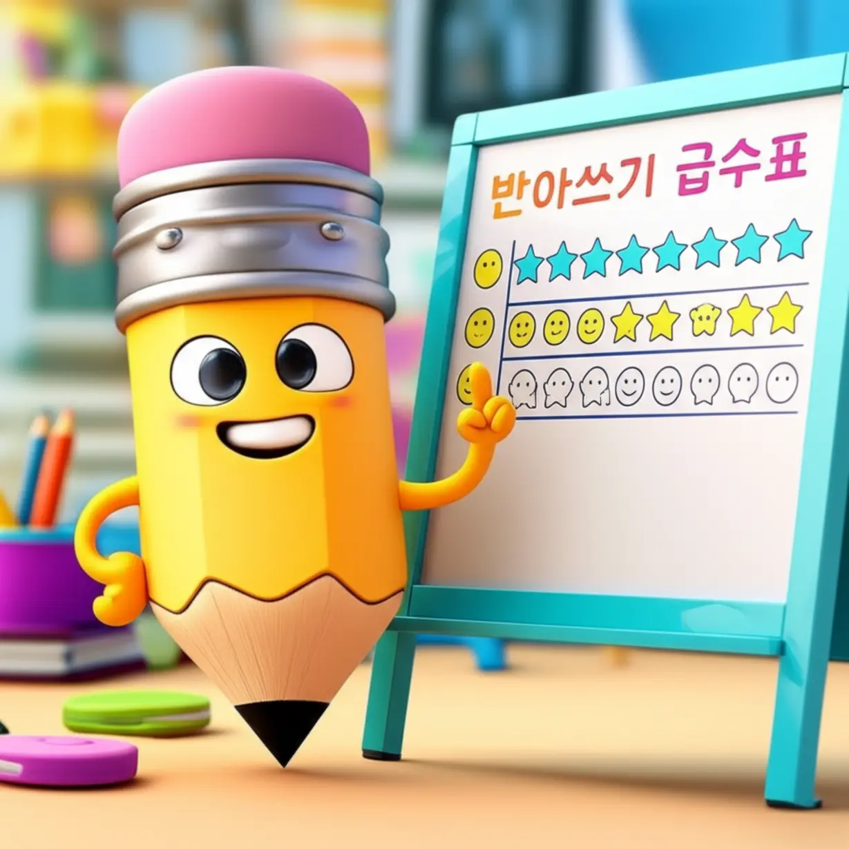 A-cute-3D-image-of-a-smiling-pencil-next-to-a-dictation-level-chart-on-a-whiteboard-in-a-cheerful-classroom.