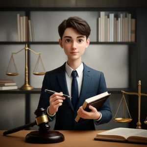 열심히-일하는-로펌-어쏘-변호사의-3D-일러스트,-법률-서적과-법정-상징물들이-있는-현대적인-사무실-배경