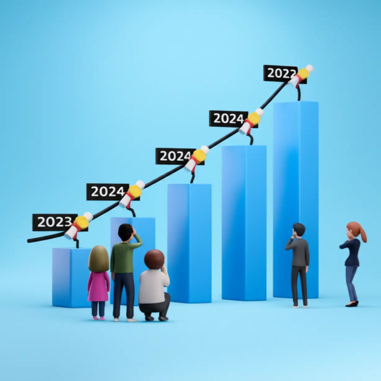 A-3D-illustration-of-a-bar-graph-depicting-Bonded-Goods-Handler-exam-pass-rates-from-2023-to-2025,-with-young-people-observing.