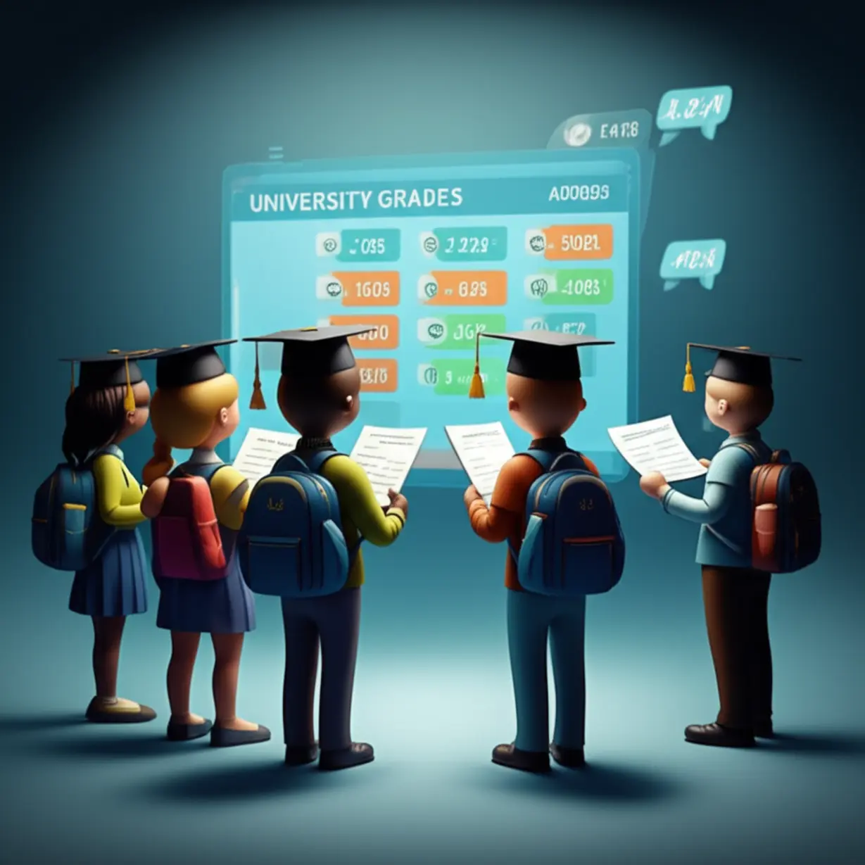 A-3D-illustration-of-stylized-students-reviewing-admission-results-on-a-screen,-showing-grades-and-competition-rates.