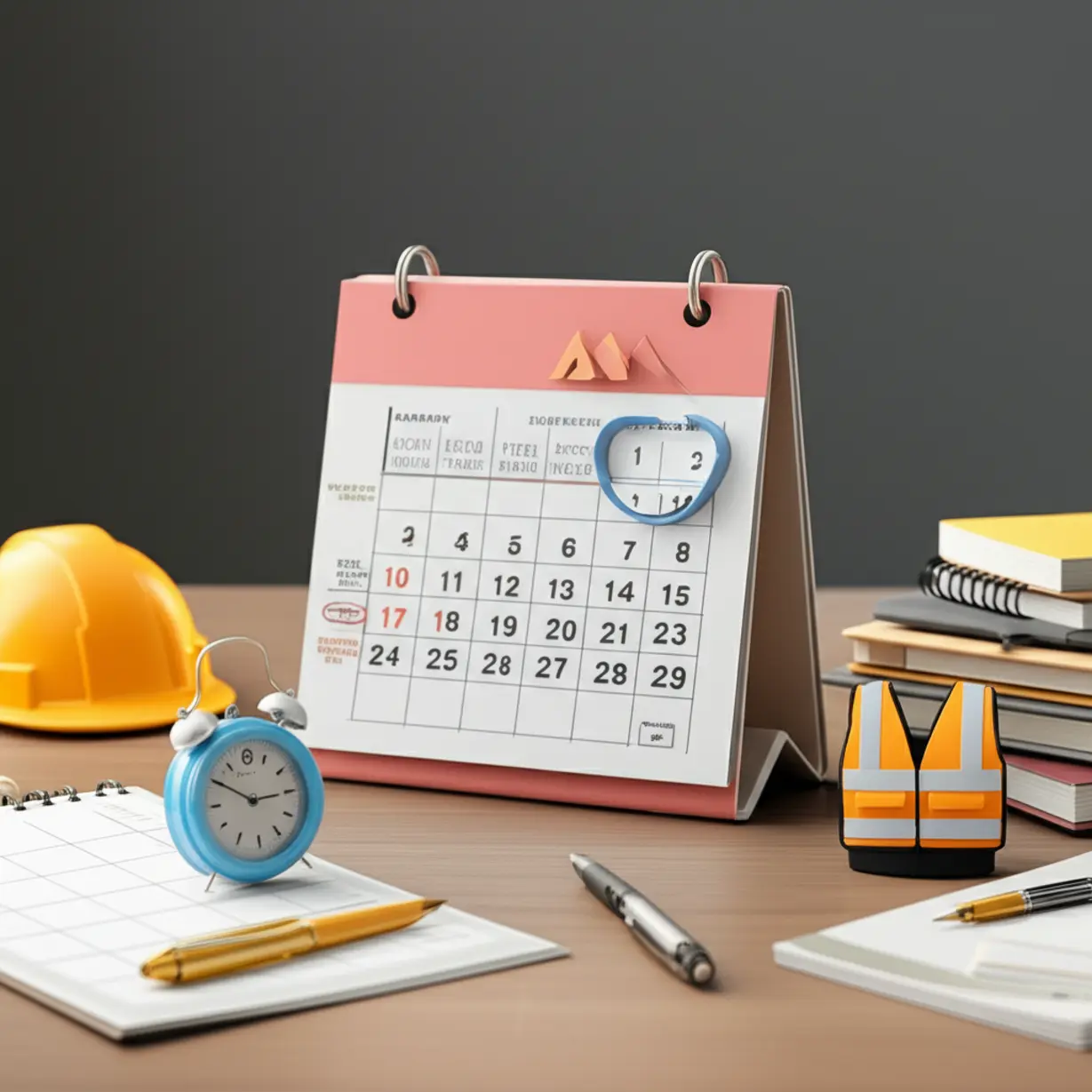 A-calendar-showing-exam-dates,-with-study-materials-like-notebooks-and-pens,-symbolizing-the-2025-Industrial-Safety-Engineer-exam-schedule.
