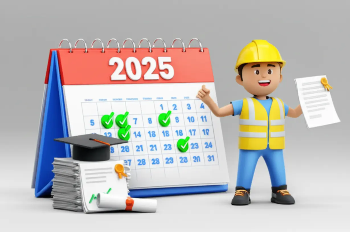 A-cute-3D-calendar-for-2025-showing-marked-exam-dates,-with-qualification-documents-and-a-graduation-cap-next-to-it.-A-cartoon-character-points-to-them.
