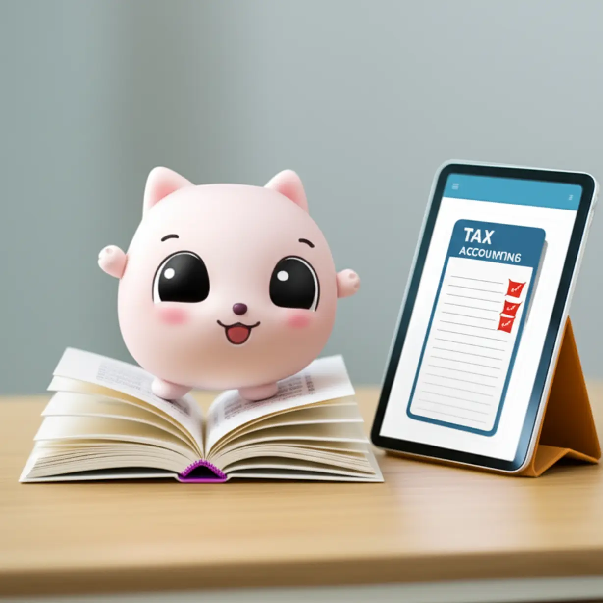 A-cute-3D-rendering-of-an-open-tax-accounting-textbook-next-to-a-calendar-with-marked-exam-dates-and-a-tablet-showing-a-list-of-exam-subjects,-illustrating-the-overview-and-information-about-the-certification.
