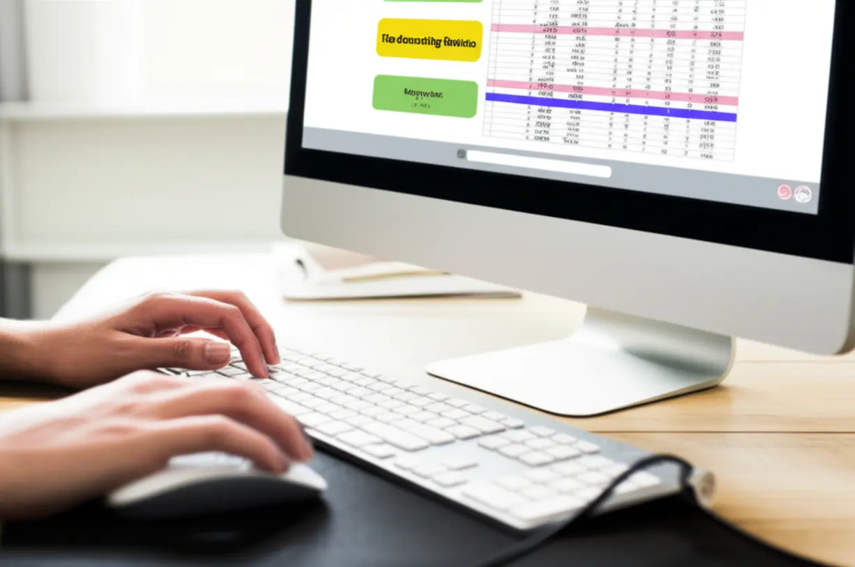 A-cute-3D-rendering-of-hands-interacting-with-a-computer-keyboard-and-mouse,-practicing-on-tax-accounting-software-with-a-visible-timer-on-screen,-emphasizing-real-world-practical-exam-preparation.