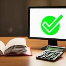 A-clean-desk-with-an-open-accounting-textbook,-a-calculator,-and-a-computer-displaying-a-green-checkmark,-symbolizing-successful-certification.