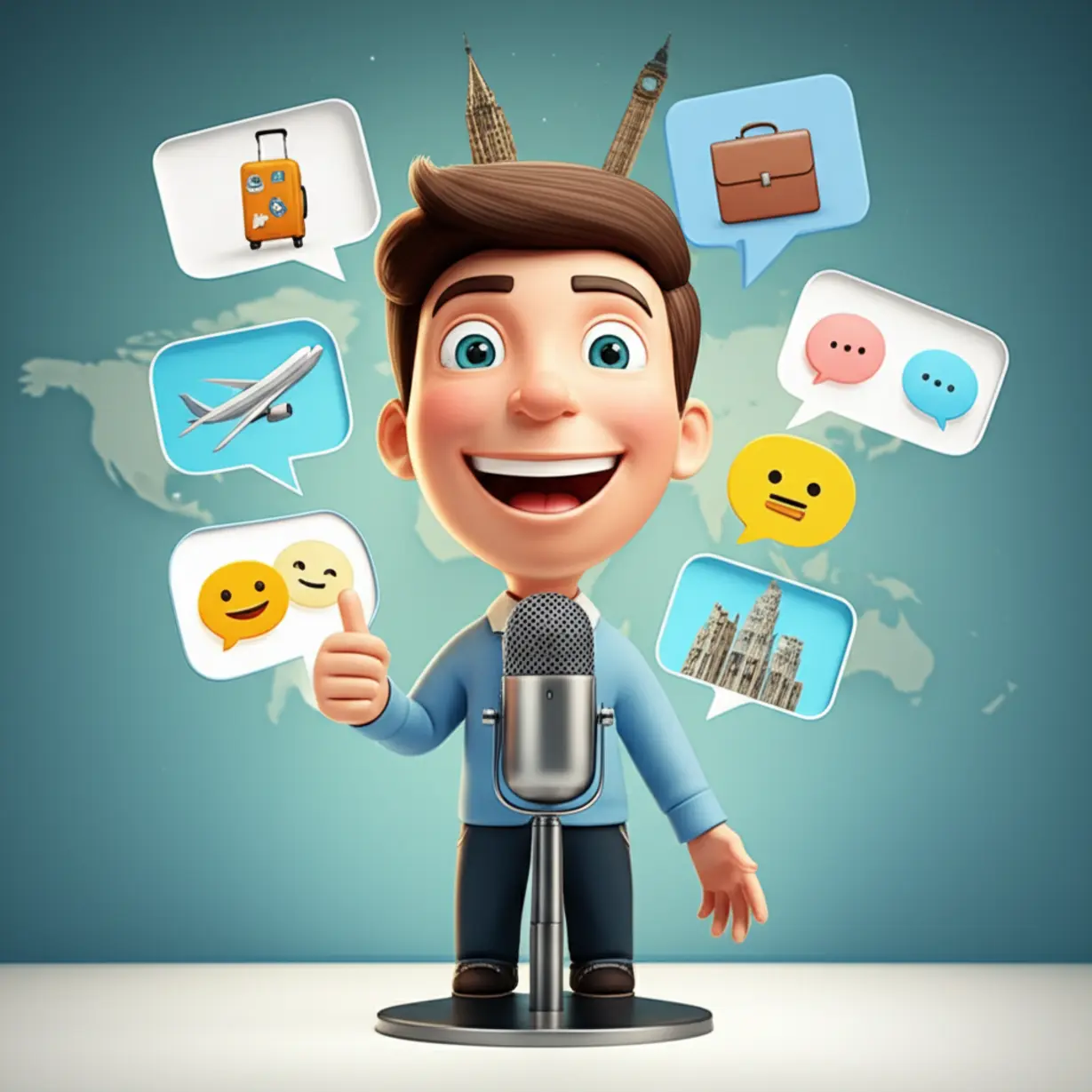 A-3D-illustration-of-a-person-confidently-speaking-English,-with-visual-representations-of-global-travel,-career-success,-and-social-interactions,-signifying-achieved-fluency.