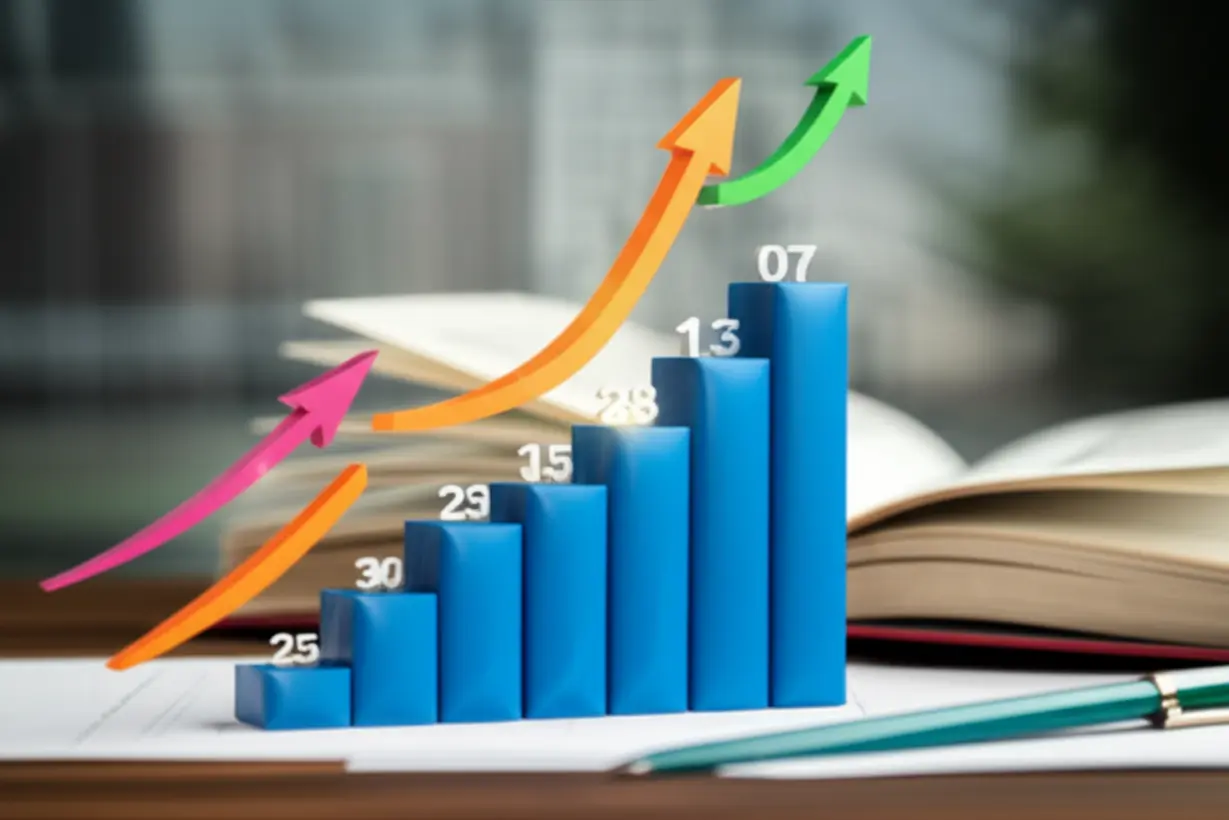 3D-illustration-of-a-bar-graph-representing-university-admission-grades-and-competition-rates,-with-academic-symbols.