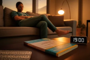 A-cute-3D-rendering-of-an-adult-studying-English-in-a-comfortable-living-room-after-work.
