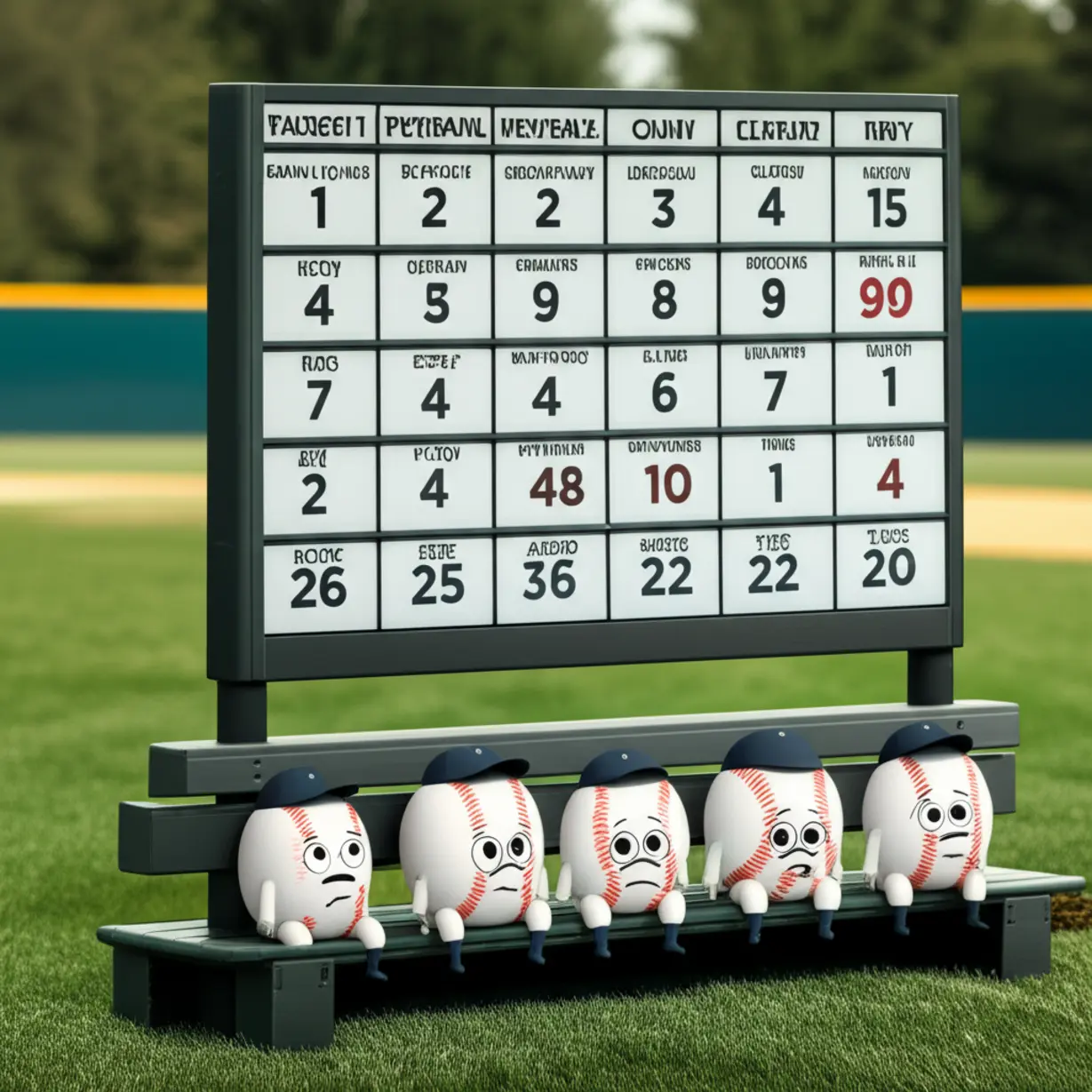 A-cute-3D-baseball-lineup-board-showing-a-thin-backup-roster,-symbolizing-the-lack-of-team-depth-causing-DTD.