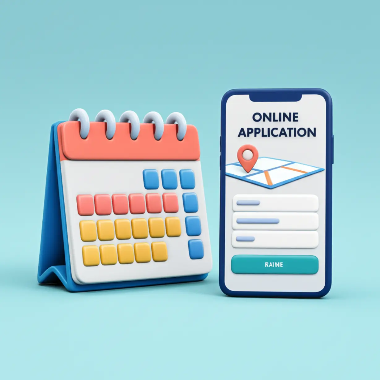 A-calendar-and-smartphone-illustrate-the-application-timeline-and-process-for-a-supporter-program,-with-a-map-icon-for-location-considerations.
