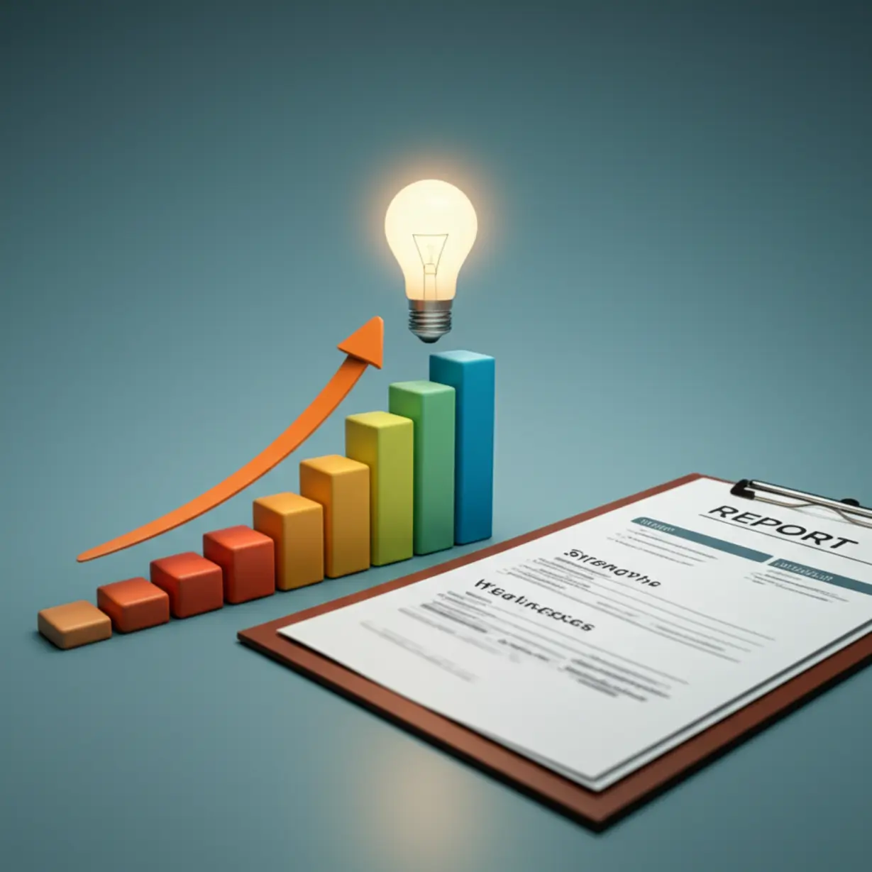 성장-그래프와-상세한-성적표,-그리고-전략을-상징하는-전구가-있는-귀여운-3D-이미지