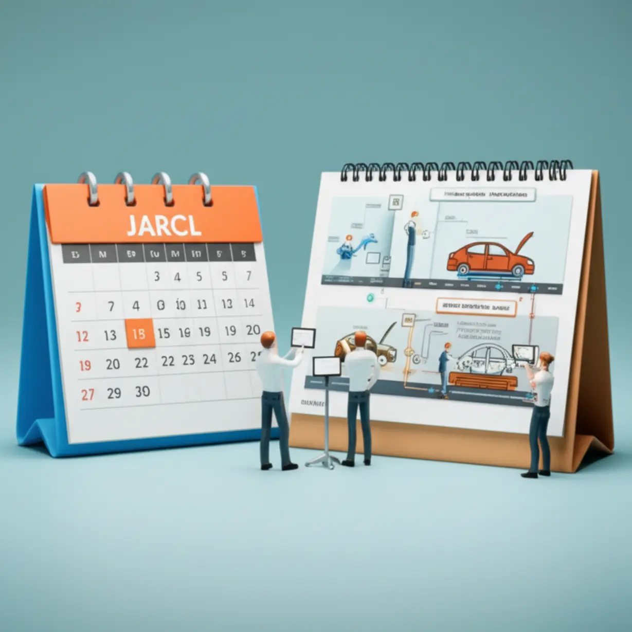 A-3D-rendering-showing-a-calendar-with-highlighted-dates-representing-a-recruitment-period,-alongside-a-schematic-of-an-automotive-assembly-line-illustrating-the-production-job-responsibilities.