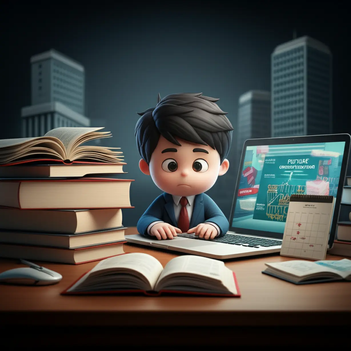 Stylized-3D-rendering-of-a-diligent-job-seeker-preparing-for-a-bank-career-with-books-and-a-laptop,-symbolizing-strategic-preparation.