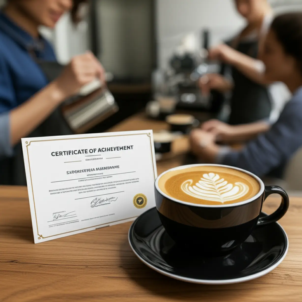 A-cute-3D-realistic-illustration-featuring-a-barista-certificate-and-a-latte-with-art,-with-a-background-scene-of-coffee-education,-symbolizing-successful-completion-and-career-utilization.