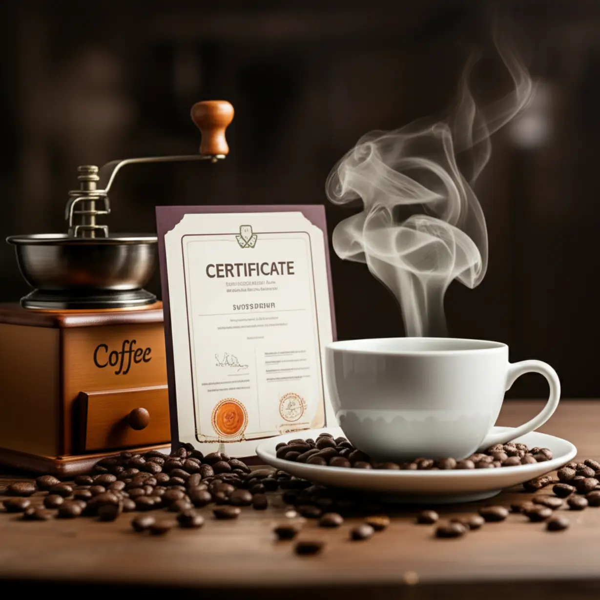 A-cute-3D-realistic-illustration-showing-various-certification-documents-and-coffee-items-like-a-grinder-and-a-cup,-representing-the-decision-making-process-for-barista-certification.
