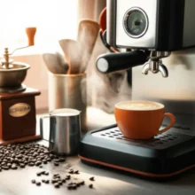 A-cute-3D-realistic-illustration-of-a-home-cafe-with-an-espresso-machine,-coffee-cups,-beans,-and-barista-tools,-bathed-in-soft-sunlight,-symbolizing-the-beginning-of-a-barista's-journey.