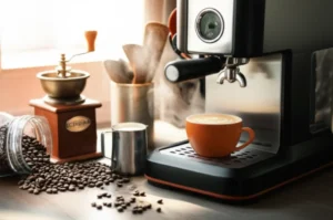 A-cute-3D-realistic-illustration-of-a-home-cafe-with-an-espresso-machine,-coffee-cups,-beans,-and-barista-tools,-bathed-in-soft-sunlight,-symbolizing-the-beginning-of-a-barista's-journey.