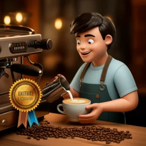 A-cute-3D-barista-character-creating-latte-art-with-an-espresso-machine-and-coffee-beans,-showcasing-a-barista-certificate,-symbolizing-successful-certification.