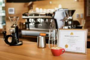 Barista-Level-2-certificate-displayed-on-a-clean-cafe-counter-with-coffee-equipment-and-a-latte-art-coffee.