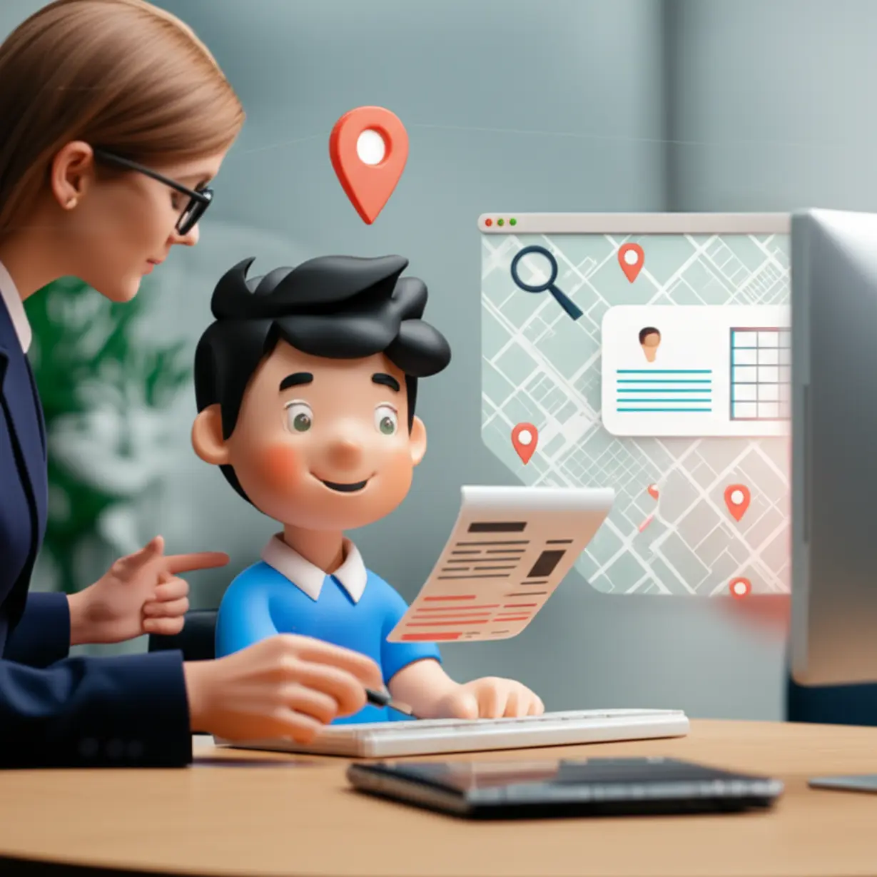 A-cute-3D-image-depicting-a-student-and-an-instructor-collaboratively-working-on-a-resume-at-a-computer,-with-job-search-elements-in-the-background,-representing-comprehensive-career-assistance.