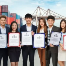 A-3D-illustration-of-young-professionals-holding-Bonded-Goods-Handler-certificates-in-front-of-a-modern-logistics-port,-symbolizing-career-success.