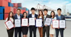 A-3D-illustration-of-young-professionals-holding-Bonded-Goods-Handler-certificates-in-front-of-a-modern-logistics-port,-symbolizing-career-success.