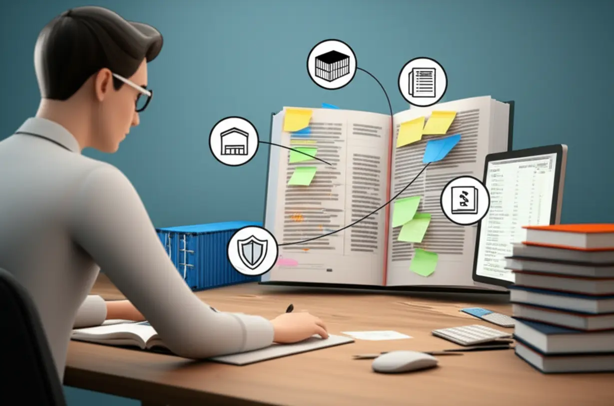 A-3D-illustration-showing-an-open-textbook-on-customs-law,-with-icons-representing-the-five-exam-subjects,-and-a-person-studying.