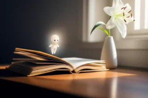 A-3D-image-of-an-open-book-symbolizing-reflection,-with-a-soft-glowing-light,-a-lily,-and-a-serene,-minimalist-room-representing-peace-and-understanding-in-the-context-of-lonely-death.
