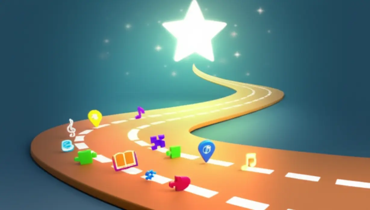 A-3D-illustration-of-a-winding-learning-roadmap-with-icons-like-books-and-puzzle-pieces,-leading-to-a-star,-symbolizing-personalized-educational-strategies-and-progress.