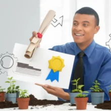 A-happy-person-holding-a-professional-certificate,-surrounded-by-career-growth-symbols,-representing-professional-success-in-a-3D-style.